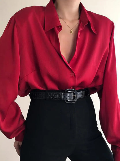 Women Button Blouse Turn Down Collar Long Sleeve Office Top