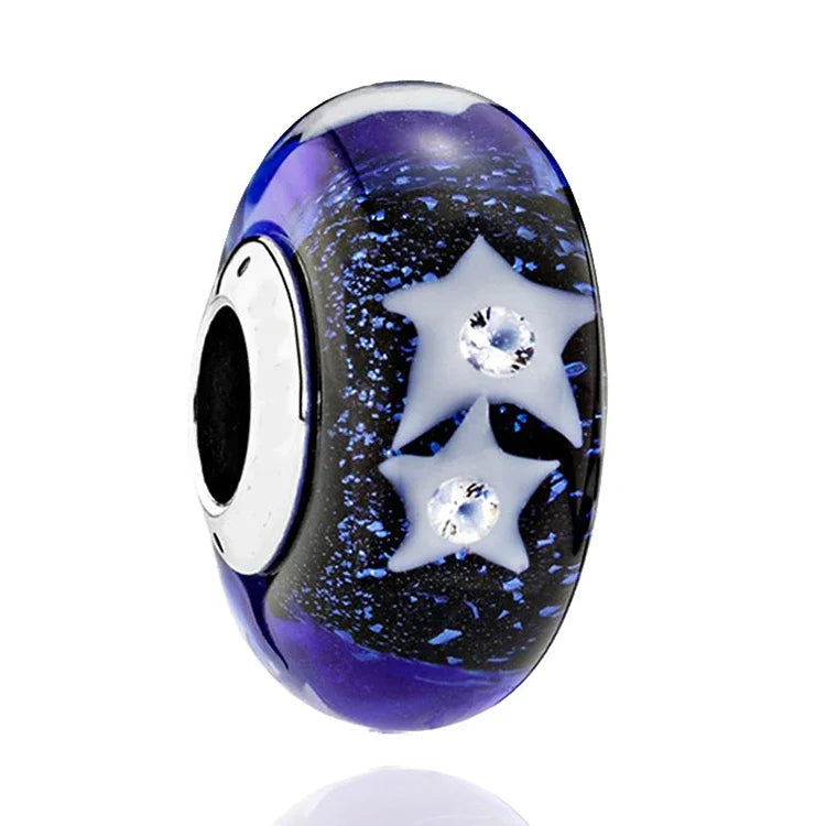 925 Sterling Silver Cosmic Rainbow Murano Glass Beads with Flower and Leaf Charms for DIY Women Jewelry