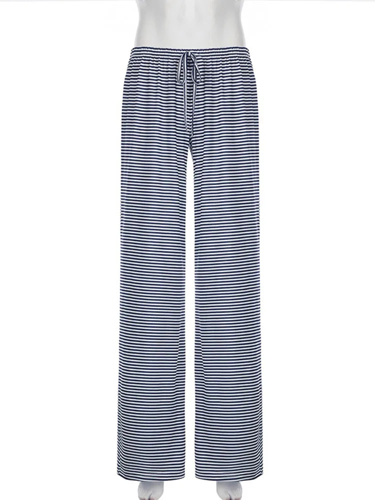 Womens Stripe Drawstring Low Waist Sweatpants Baggy Summer