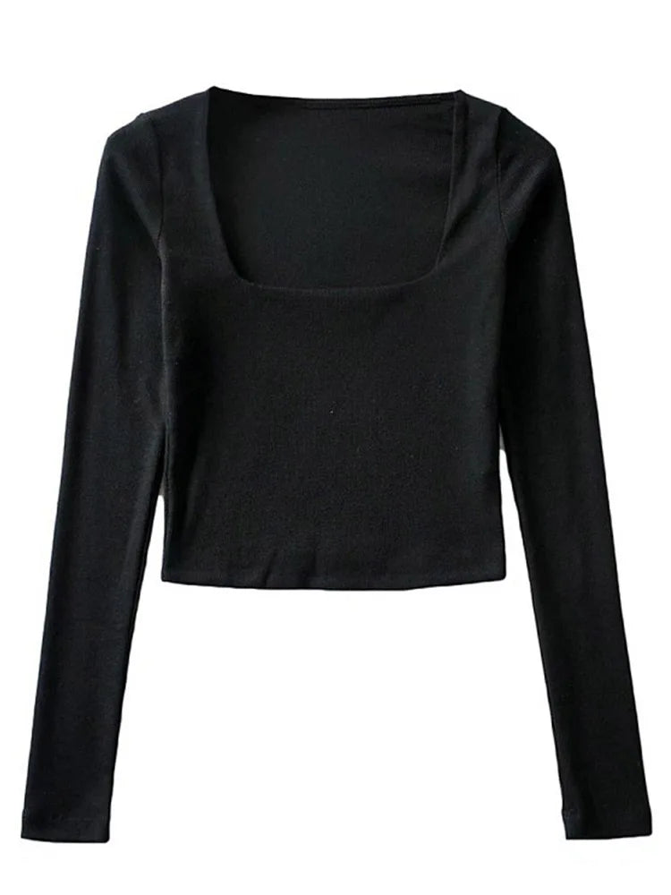 Women Cotton Ribbed Square Neck Crop Top With Long Sleeve