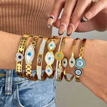 Flashbuy Boho Evil Eye Stainless Steel Bangles for Women with Enamel Rhinestones Gold Plated Waterproof Fashion Jewelry Gift