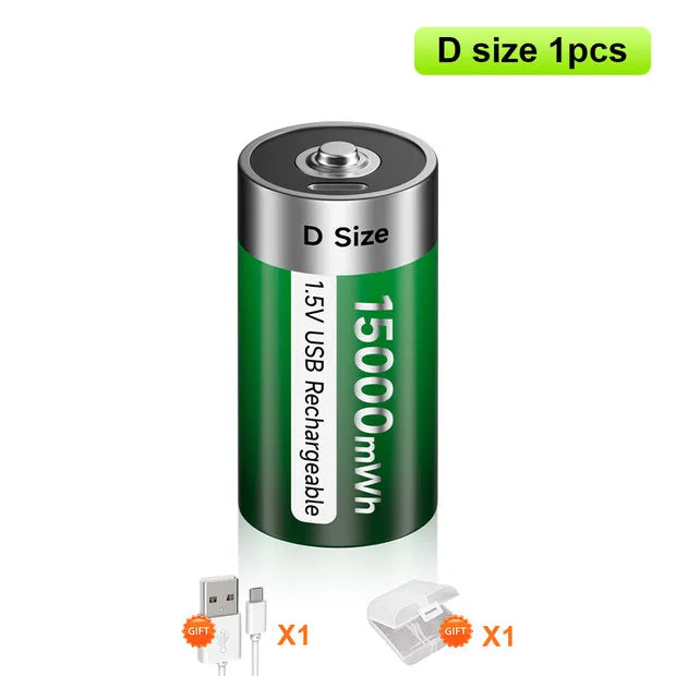 1.5V USB LR20 Battery Rechargeable R20 15000mWh D Size Type Batteries with Type-C Cable 1 PCS Battery CHINA