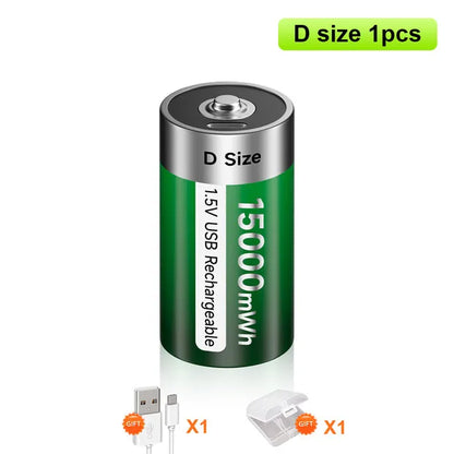 1.5V USB LR20 Battery Rechargeable R20 15000mWh D Size Type Batteries with Type-C Cable 1 PCS Battery CHINA
