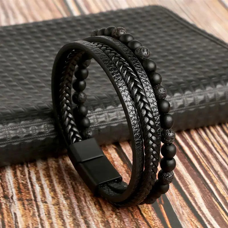 Men's Leather Bracelet with Stainless Steel Tree of Life Charm - Stylish Multi-Layer Fashion Accessory