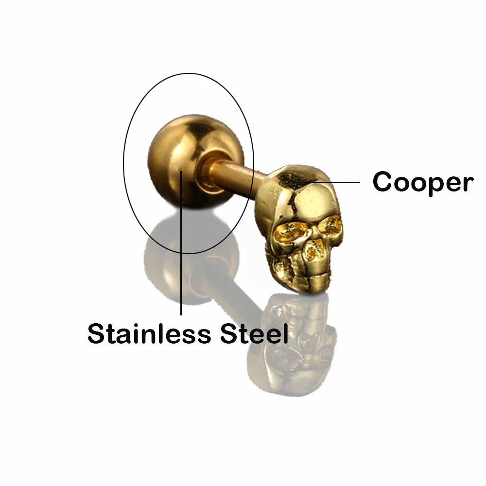 Punk Style Stainless Steel Skull Earrings for Women - Gold Helix Studs Halloween Gift