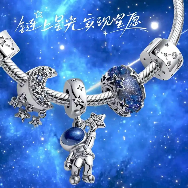 925 Silver Galaxy Charms Bracelet with Starry Sky Beads and Planetary Motifs