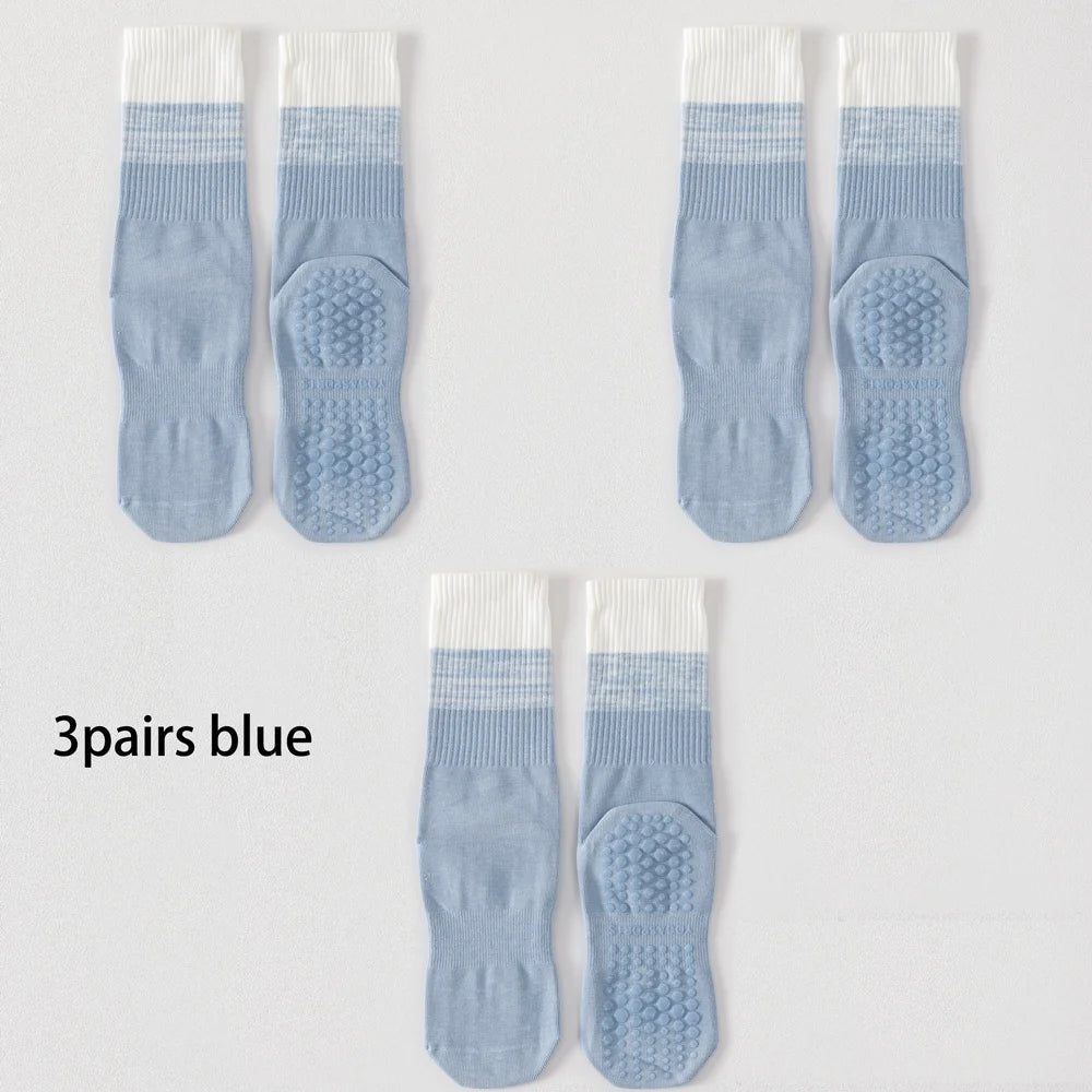 3 Pairs Cotton Anti Slip Mid Calf Yoga Socks For Women