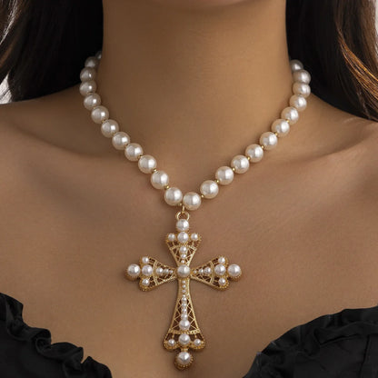 Gothic Pearl Cross Necklace for Women Y2K Fashion Choker with Rhinestone Pendant