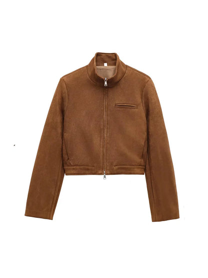 Brown Suede Stand Collar Short Jacket Zip Y2K Long Sleeve