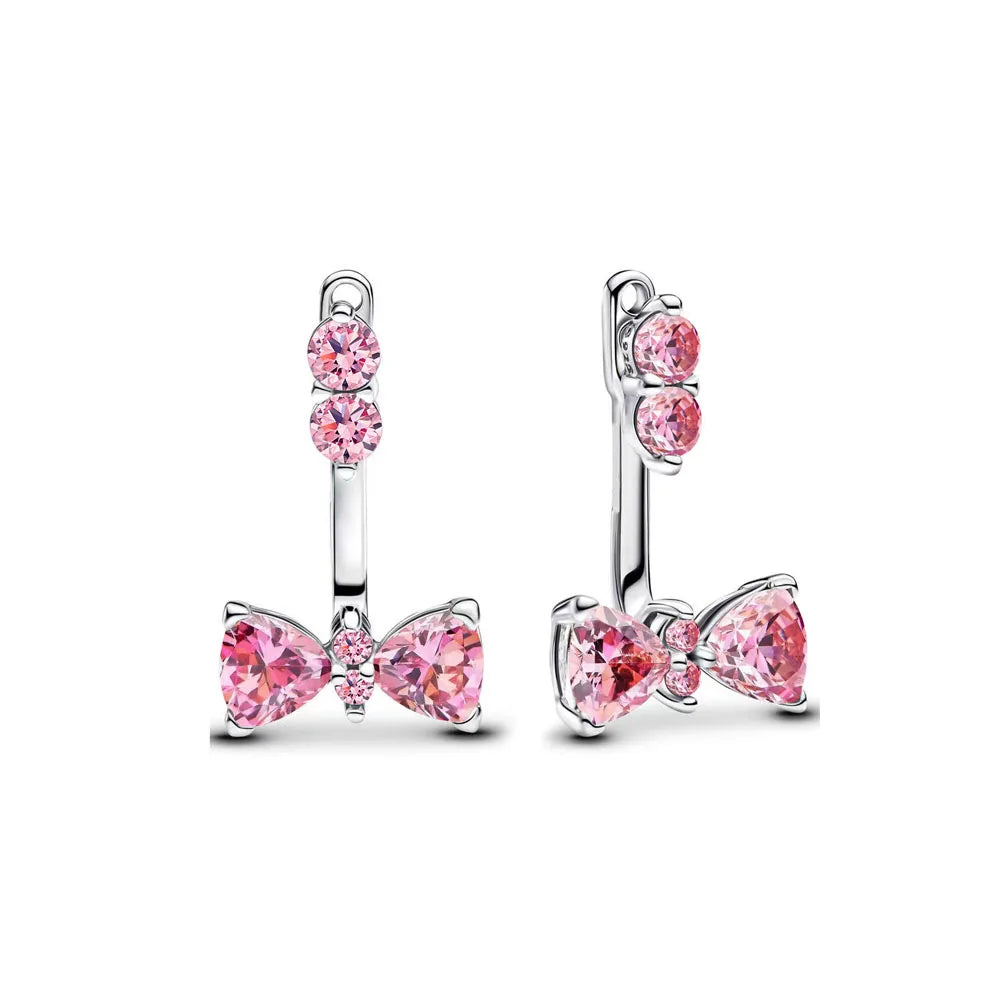 Elegant Sterling Silver Pink Bow Earrings with Red Heart and Snowflake Design for Women P2374