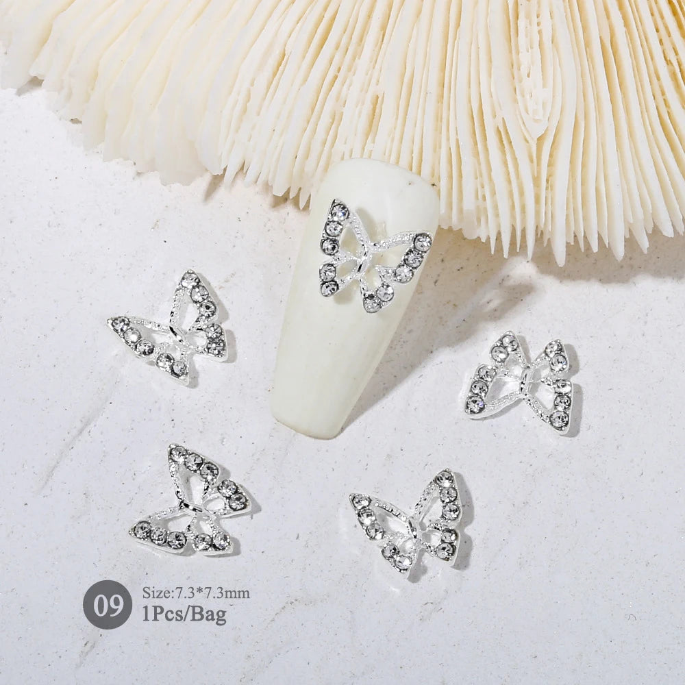Elegant Gold Silver Metal Bowknot Nail Charm 3D Rhinestone Decor for DIY Manicure Art