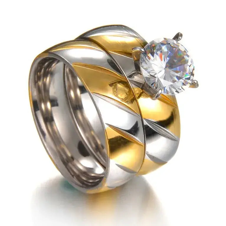 MeMolissa Luxury Clear Stone Crystal Wedding Rings Gold Plated Stainless Steel Jewelry 3R2