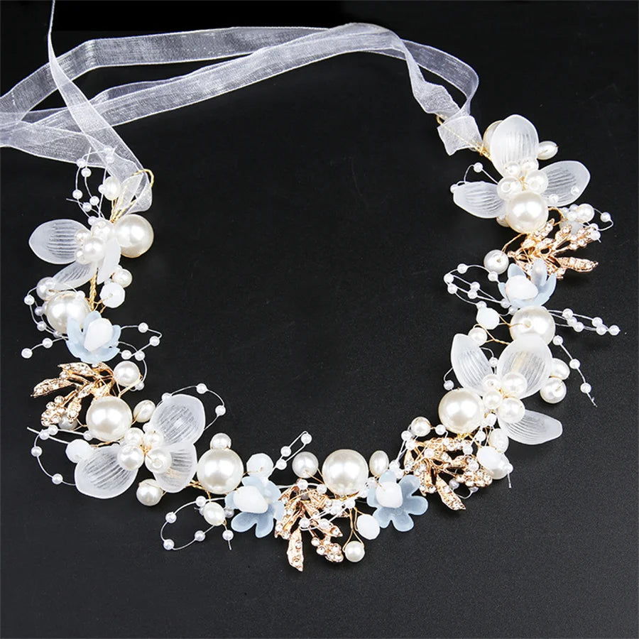 Girls Bridal Pearl Crystal Hair Headdress Flower Wreath Wedding Headband