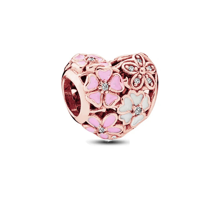 Rose Gold Winged Angel Heart Charm Bead Pink Daisy Spacer