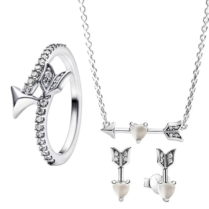 925 Silver Heart Arrow Jewelry Set with Colorful Zircon Sparkling Ring Earrings and Necklace Valentines Day Gift for Women