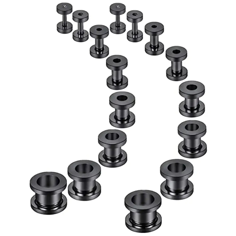 Screw Fit Ear Gauges Surgical Steel Tunnel Expander Earrings Set Black