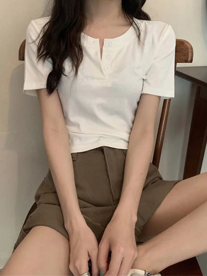 Women Open Button Crop Tee Shirt V Neck Short Sleeve