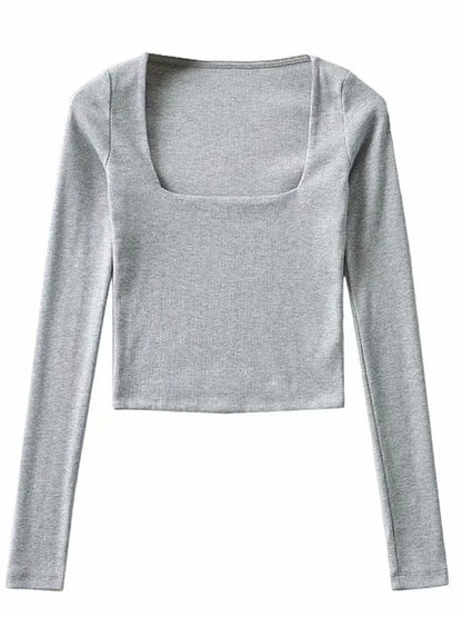 Women Cotton Ribbed Square Neck Crop Top With Long Sleeve