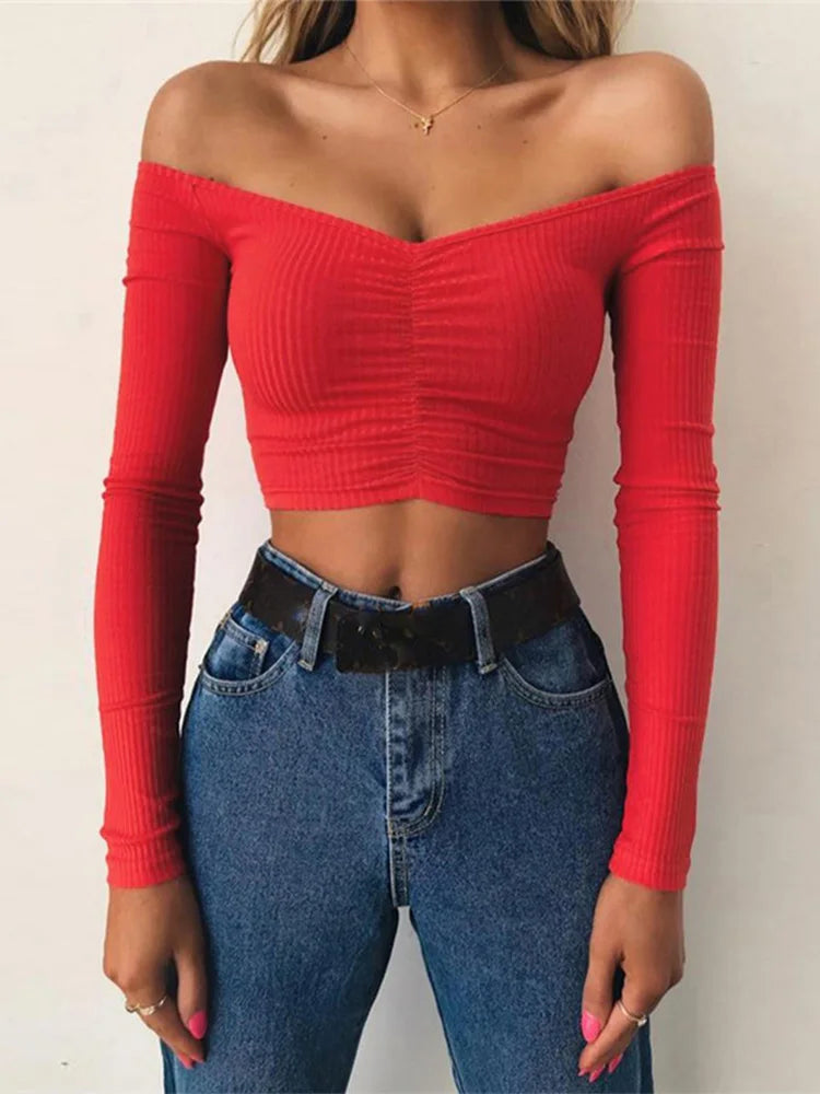 Women Off Shoulder Long Sleeve Slim Clubwear Tee Autumn