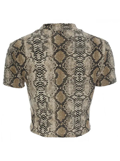 Dozw Snake Print Crop Top Women Sexy High Collar Slim Fit