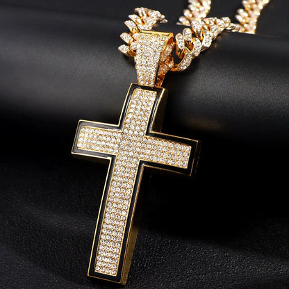 Punk Luxury Rhinestone Cross Pendant Cuban Link Necklace for Women and Men Hip Hop Iced Out Jewelry