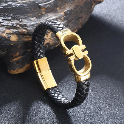 Men's Leather Punk Rock Bracelet with Stainless Steel Fashion Buckle