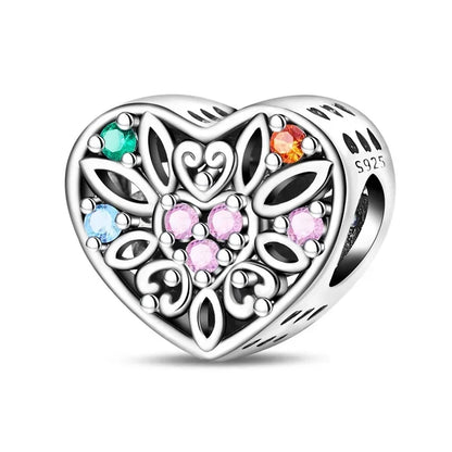 Sterling Silver Pink Blossom Dangle Charm with Butterfly Heart Flower Rose and Bird Bead for DIY Necklace and Bracelet Jewelry