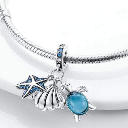 925 Sterling Silver Ocean Turtle Beach Charms Blue Shell