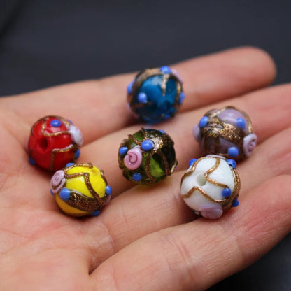 Handmade Lampwork Glass Flower Beads Set with Gold Accents for Jewelry Crafting