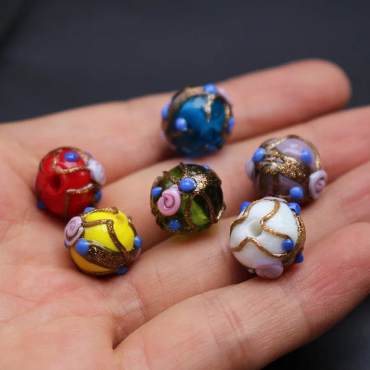 Handmade Lampwork Glass Flower Beads Set with Gold Accents for Jewelry Crafting
