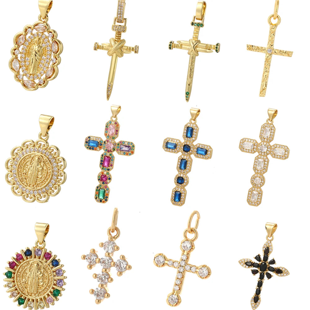 Gold Cubic Zirconia Cross Dangle Charms for Jewelry Making Necklace Bracelet Earrings