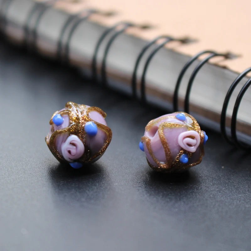 Handmade Lampwork Glass Flower Beads Set with Gold Accents for Jewelry Crafting