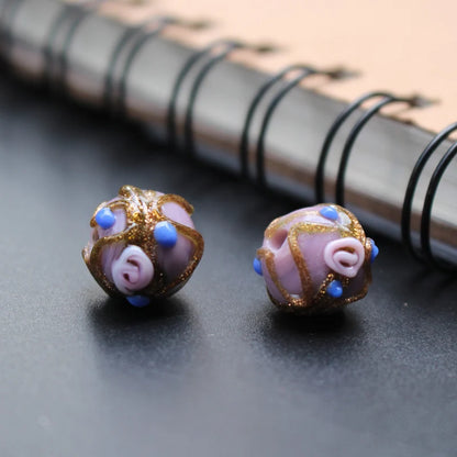 Handmade Lampwork Glass Flower Beads Set with Gold Accents for Jewelry Crafting