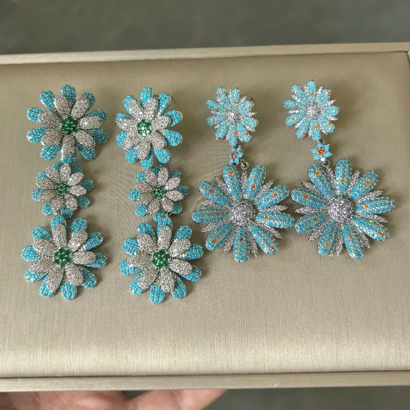 Bilincolor Luxury Blue Flower Drop Earrings for Women - Elegant Wedding Jewelry Gift