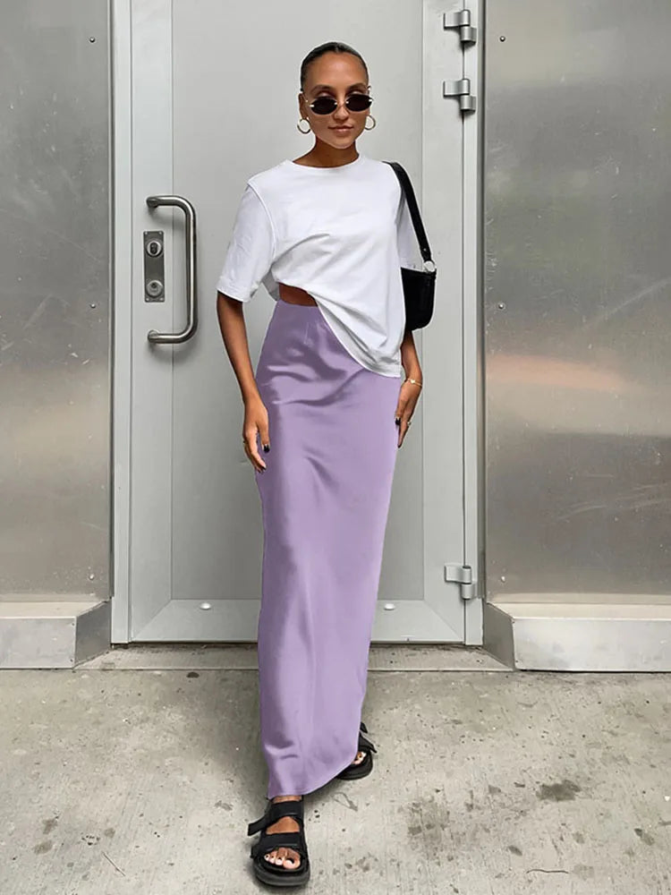 Satin Black Trumpet Skirt Women High Waist Long Office Wear