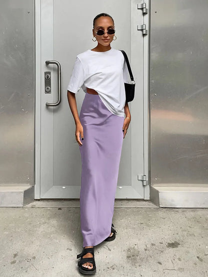 Satin Black Trumpet Skirt Women High Waist Long Office Wear