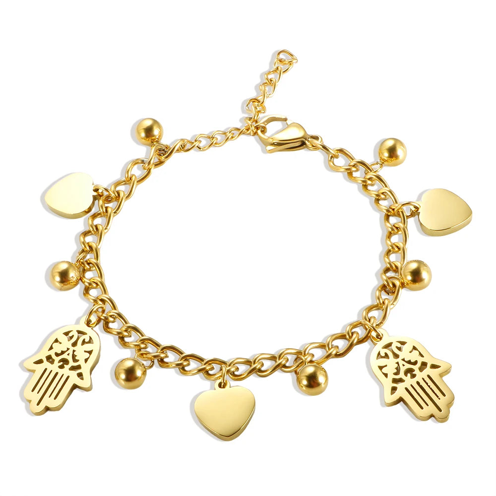 Trendy Gold Plated Stainless Steel Palm Heart Bracelet for Women with Cuban Link Chain and Round Ball Design