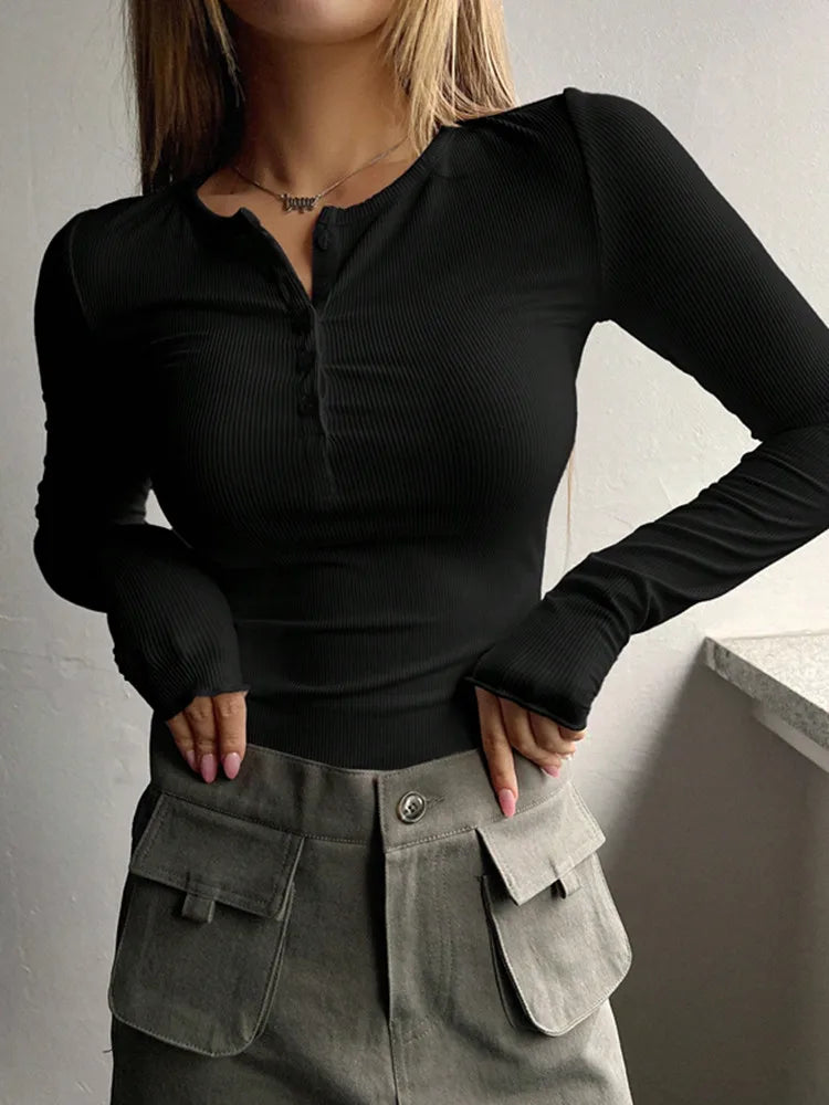 O Neck Button Long Sleeve Slim Fit Pullover Blouse