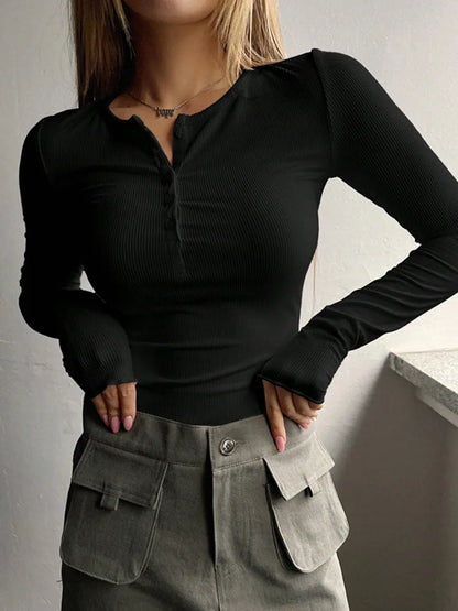 O Neck Button Long Sleeve Slim Fit Pullover Blouse
