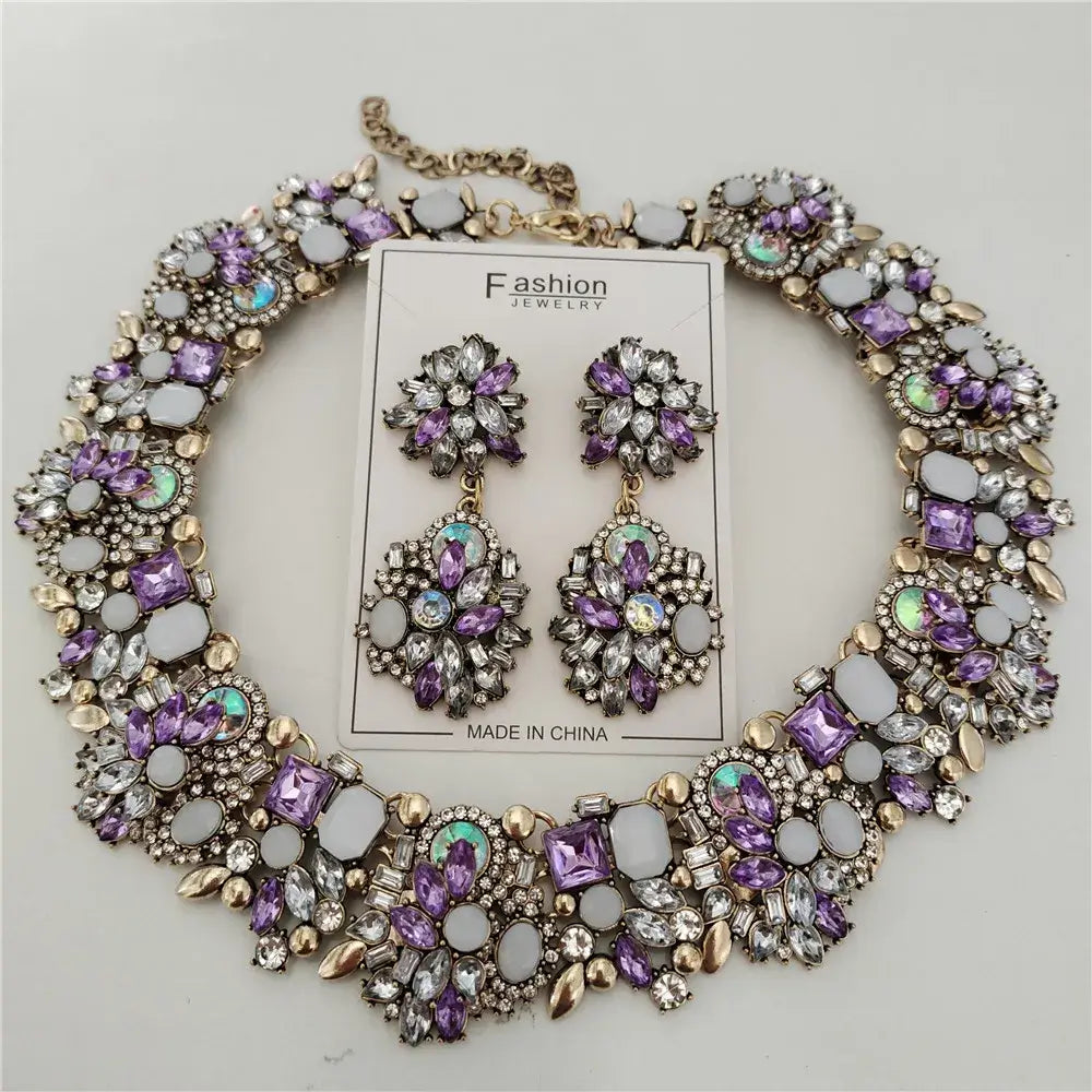 Indian Ethnic Crystal Rhinestone Necklace Earrings Set for Bridal 2024 Purple Sets