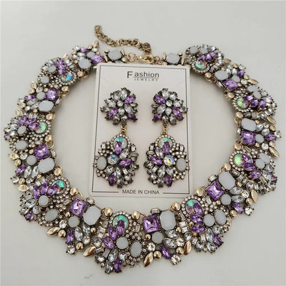 Indian Ethnic Crystal Rhinestone Necklace Earrings Set for Bridal 2024 Purple Sets