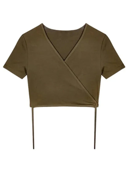 2025 Summer Casual Tee Tops Women T shirts Solid V-neck Sexy Cropped Cross Tie-Up Harajuku Basic Korean Street T-shirts mujer