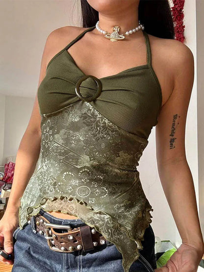 Retro Forest Green Boho Y2K Backless Halter Camisole