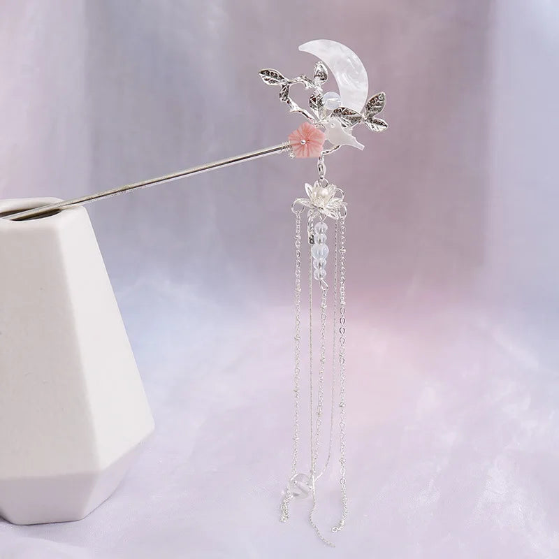 Elegant Gold Red Floral Pearl Long Tassel Hairpins Bridal Chinese Wedding Headpiece