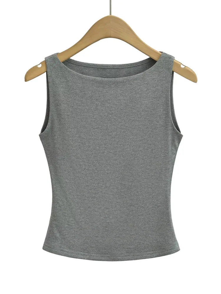 Women Double Layer Boat Neck Soft Slinky Knit Tank Top