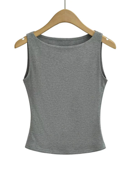 Women Double Layer Boat Neck Soft Slinky Knit Tank Top