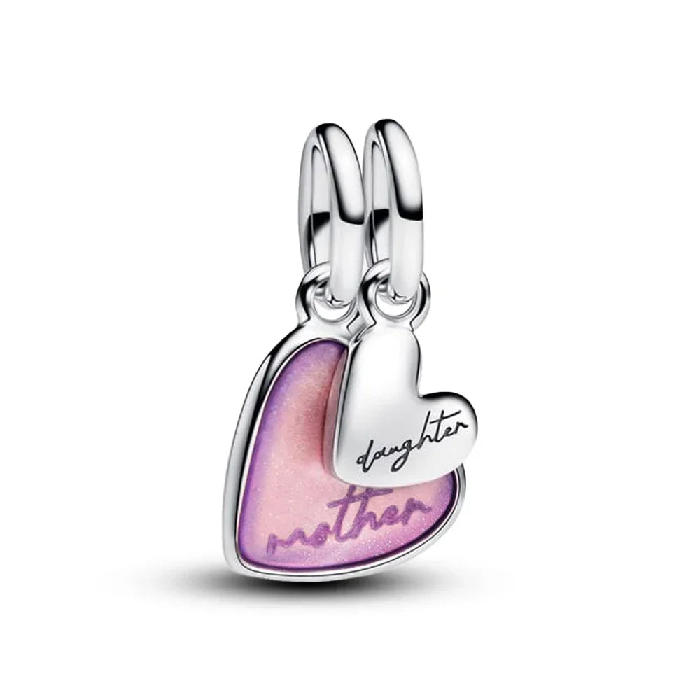 Original 925 Sterling Silver Heart Bow Mom Charm with Zircon for Women DIY Bracelets and Necklaces Fine Birthday and Mothers Day Jewelry Gift