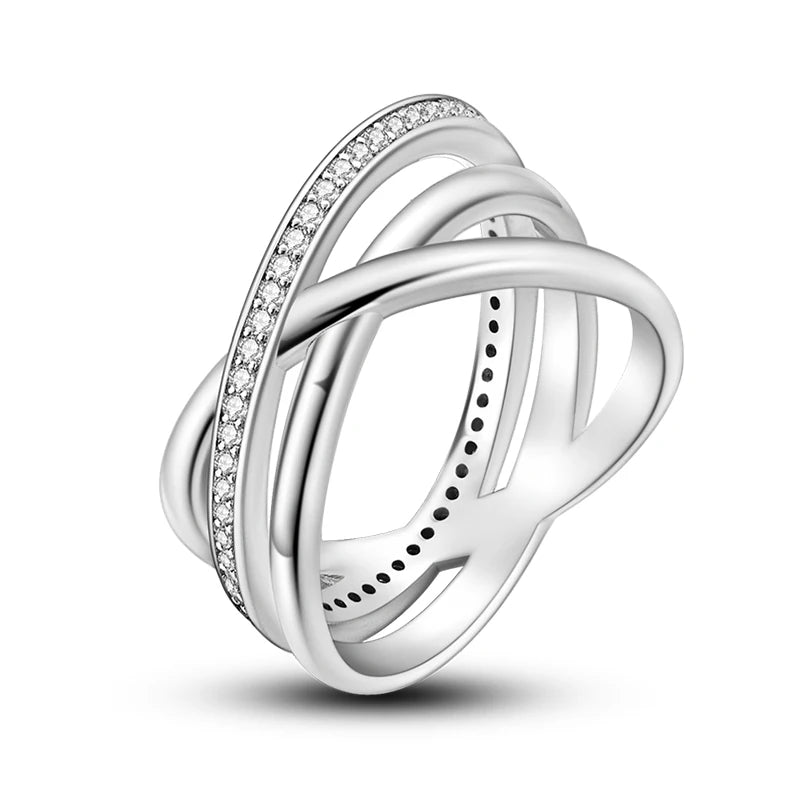 Women's Classic Geometric 925 Sterling Silver Ring with Overlapping Zircon KJR160