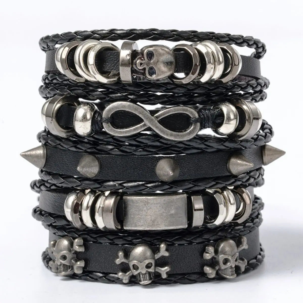 Punk Style Braided Bracelet Set of 5 with PU Leather and Beads 5PCs