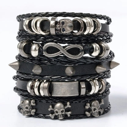 Punk Style Braided Bracelet Set of 5 with PU Leather and Beads 5PCs